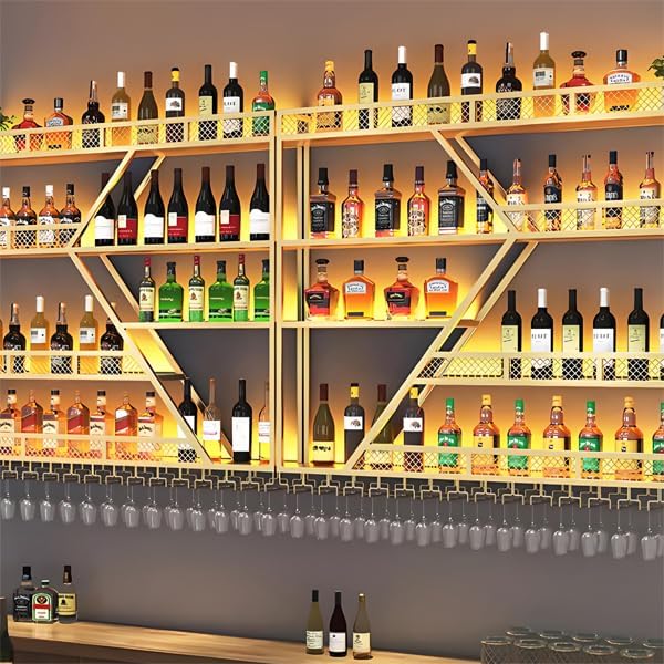 94.48in Metal Wine Rack Wall Mounted, Modern Wine Storage Rack Wall Mounted with Wine Glass Holder, Liquor Shelf, Bar Shelves for Liquor Bottles (4 Tiers Gold, 94.48 * 7.87 * 33.85INCH)