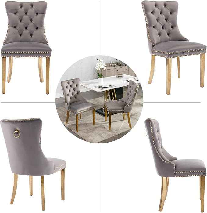 Grey Velvet Dining Chairs Set of 2, Upholstered Dining Room Chairs with Back Ring Pull Trim and Golden Stainless Steel Legs,Modern Kitchen Chairs for Dining Room,Living Room,Kitchen(Grey)