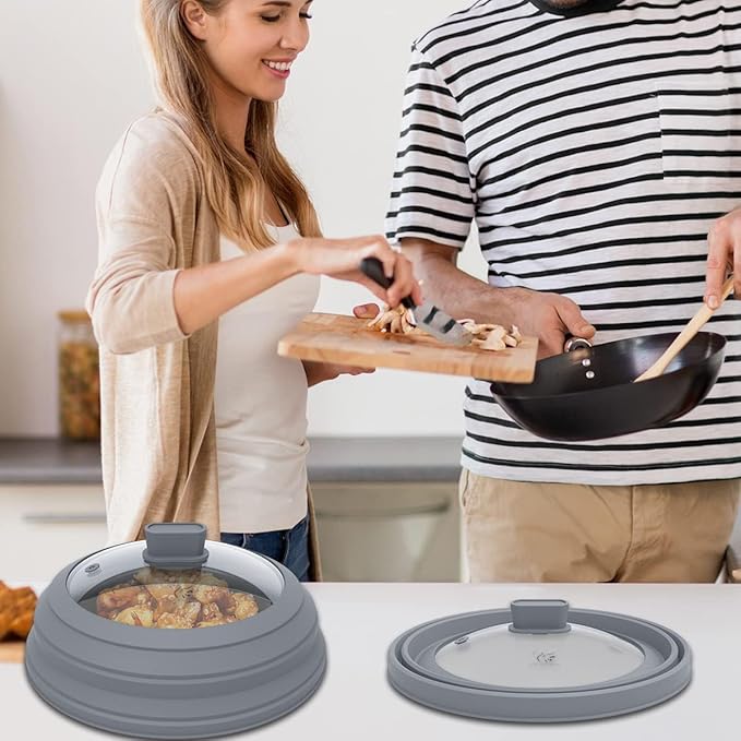 Microwave Splatter Cover Glass Splatter Guard Lid with Collapsible Silicone for Food Pot Plate Cover 11.8 inch Light Grey