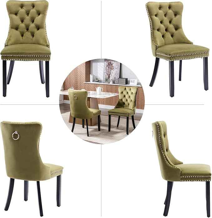 Velvet Dining Chairs Set of 2, Upholstered Dining Room Chairs with Back Ring Pull Trim and Solid Wood Legs,Tufted Wingback Kitchen Chairs for Dining Room,Living Room,Kitchen(Olive Green)