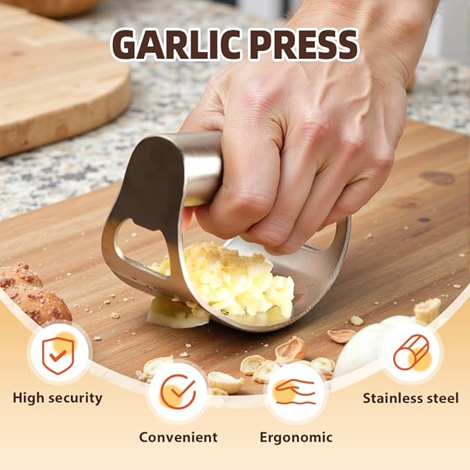 2026 New Garlic Press Rocker, Upgrade Garlic Press Stainless Steel, Portable Manual Stainless Steel Garlic Press Rocker, Innovative Garlic Crusher with Peeler and Scraper (3)