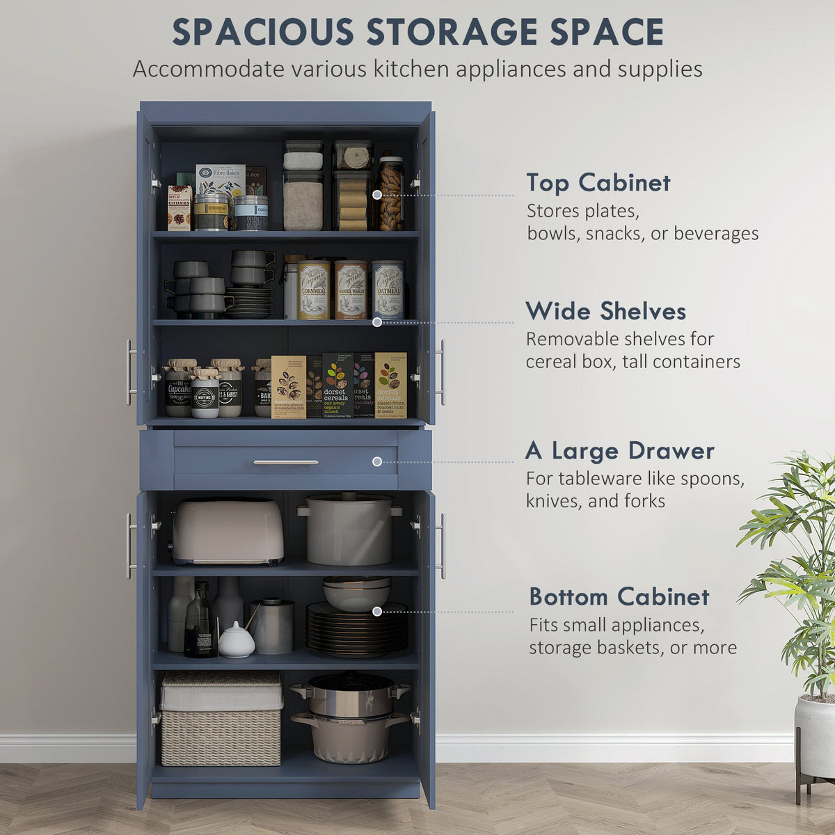 Modern Kitchen Pantry Freestanding Cabinet Cupboard with Doors and Drawer, Adjustable Shelving, Navy Blue