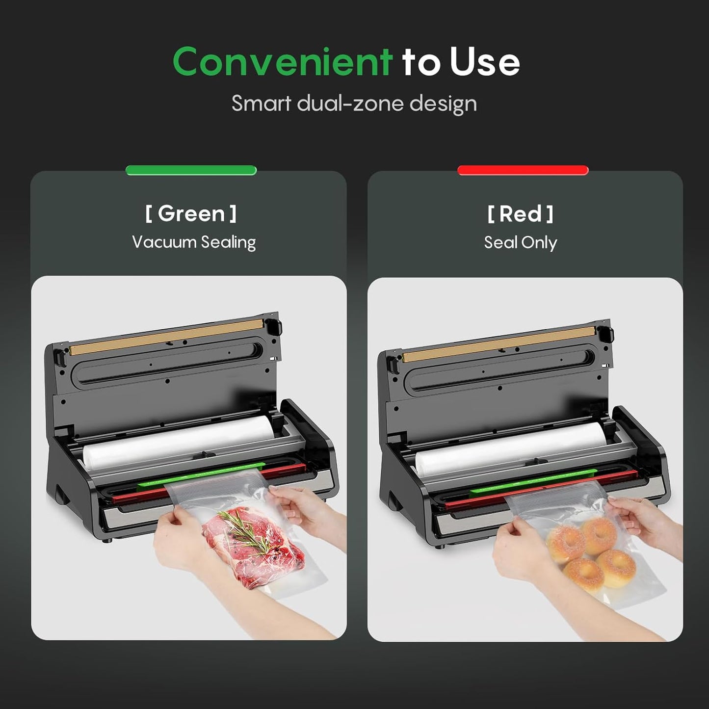 FRESKO Food Vacuum Sealer with Automatic Bag Detection, Double Heat Seal, Built-in Bag Roll Storage & Cutter, 2 Rolls Bags, Starter Kit
