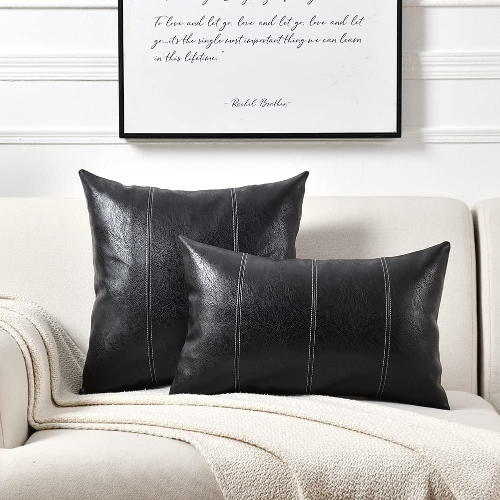 Fancy Homi Black Boho Faux Leather Decorative Throw Pillow Covers 16x16 Inch for Living Room Couch Bed Sofa, Rustic Modern Farmhouse Home Decor, Hand Stitched Square Cushion Case 40x40 cm