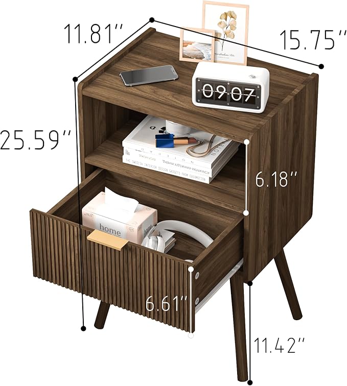 Nightstand,Modern Bedside Table with Storage Drawer and Open Wood Shelf, for Living Room, Bedroom and Small Spaces, Accent Night Stand with Solid Wood Legs, Easy Assembly,Walnut Brown
