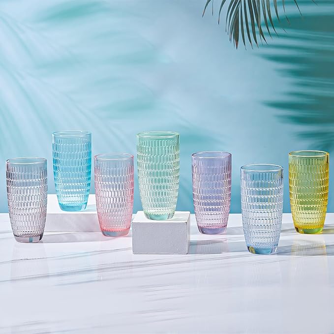 CREATIVELAND Highball Beverage Glasses Set of 6 Romantic Colored Thick & Heavy Base Big Capacity 14.87oz|440ml, Drinking Glass Tumblers for Iced Tea, Water, Soda & Juice and Cocktails (Purple)