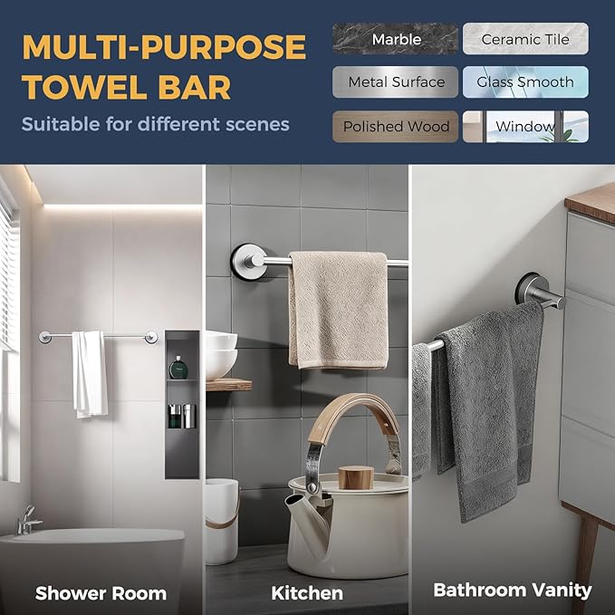 14.6inch~24inch Towel Racks for Bathroom,Adjustable Suction Cup Towel Bar for Bathroom Wall,Stainless Steel Bath Towel Holder for Shower(Brushed Silver)