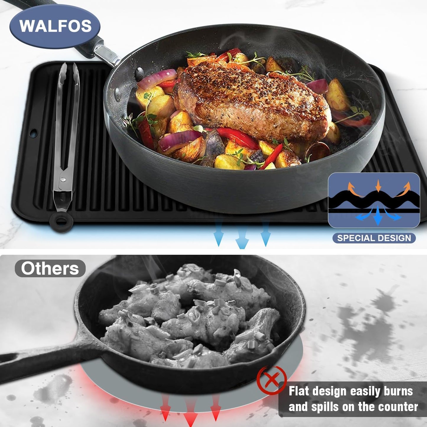Walfos XXL Silicone Trivet 16x12 Inch, Trivets for Hot Pots and Pans, Heat Resistant Pot Holders Hot Pads for Kitchen Quartz Countertops, Hot Dishes, 4 Pack