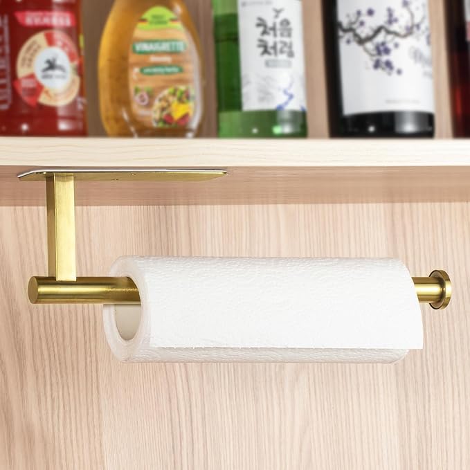 ASTOFLI Paper Towel Holder Under Cabinet No Drilling, Self Adhesive Paper Towel Holder Wall Mount for Kitchen Rack, Under Counter Napin Holder No Drill, RV, 304 Stainless Steel, Gold Brass 2 Pack
