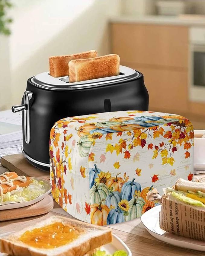 Thanksgiving Fall Toaster Cover 2 Slice, Blue Green Orange Pumpkins Dustproof Bakeware Oven Protector with Top Hook, Maple Leaf Waterproof Small Kitchen Appliance Toasters Dust Cover, 11"x6"x8"