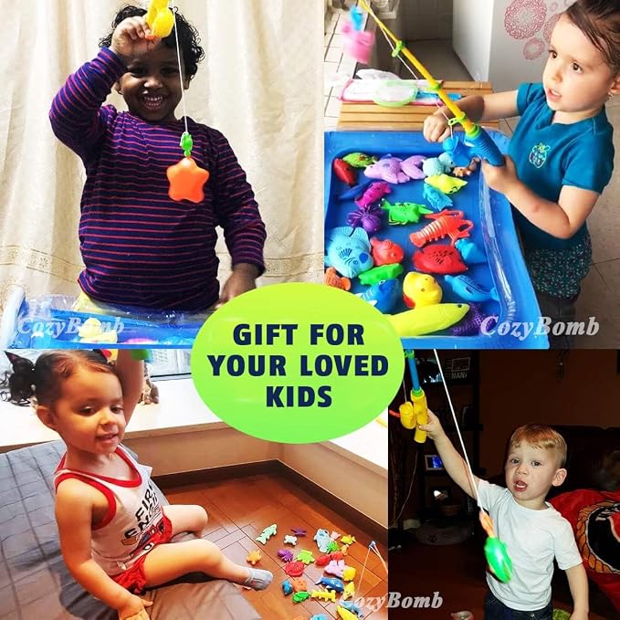 CozyBomB™ Magnetic Fishing Toys Game Set for Kids | Water Table Bathtub Kiddie Pool Party Pole Rod Net, Outdoor Plastic Floating Fish, Toddler Bath Color Ocean Sea Animals Birthday Gift Age 3-5 6 4-8