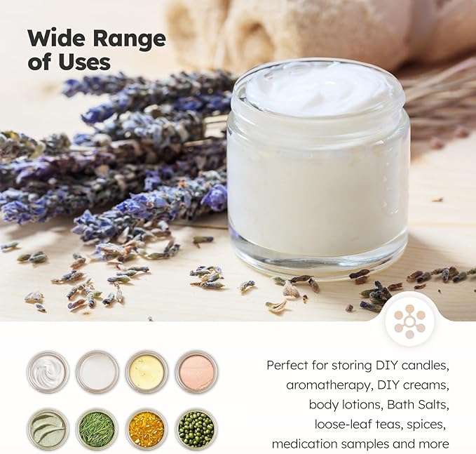 2 oz Glass Jars with Lids, 36 Pack Clear Small Glass Jars with Woodgrain Lids Leakproof Round Airtight Empty Cosmetic Travel Containers with Inner Liners for Lotions Powders and Candle Making
