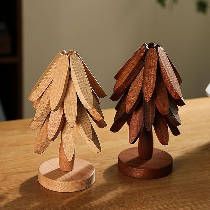 Natural Wood Tree Trivet Set, 𝐍atural Tree Trivet Set - 4 Wooden Trivets,4 Wooden 𝐓rivets & 1 Stand Like a Christmas Trees,for Hot Dish,Pot,Bowl,Teapot,Hot Pot Sets (Walnut Finish 5 Trivets,1set)
