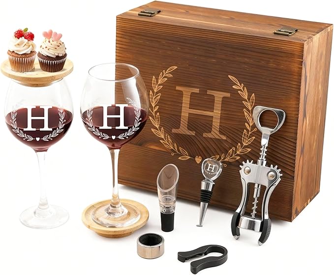 GZLDGIFTS Personalized Initial Wine Glasses Box Gift Set For Women Mom Engraved Birthday Monogrammed Wooden Christmas Gifts Wedding Anniversary Wine Couples Stopper Opener Initial Letterr (H Set)