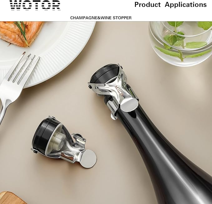 WOTOR Champagne&Wine Bottle Stoppers Stainless Steel with Food Grade Silicone, Leak Proof Keep Fresh Reusable Saver, Cork Suitable for Wine, Champagne, Cava, Prosecco and Sparkling (4 Pack Silver)