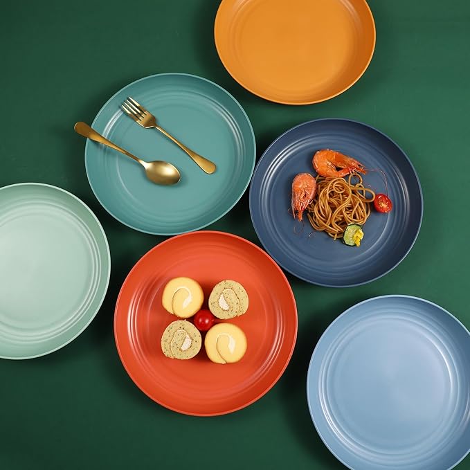 12 Pcs Unbreakable Deep Dinner Plates Set, 9 inch Reusable Plastic Wheat Straw Plates, Microwave and Dishwasher Safe Plate for Kitchen, Lightweight Plate for Dessert, BPA Free, Dark Green