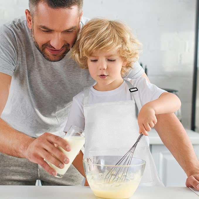 6 Pack Kids Apron bulk with 2 Pockets Adjustable Chef Art Apron Kids Painting Aprons for Cooking Baking Painting Crafting Grilling Activity(White)