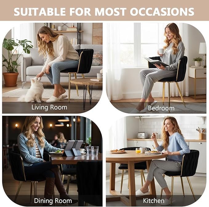 Kiztir Black Velvet Dining Chairs Set of 2, Upholstered Dining Room Chairs with Gold Metal Legs, Modern Dining Chairs with Woven Back for Living Room, Bedroom, Kitchen
