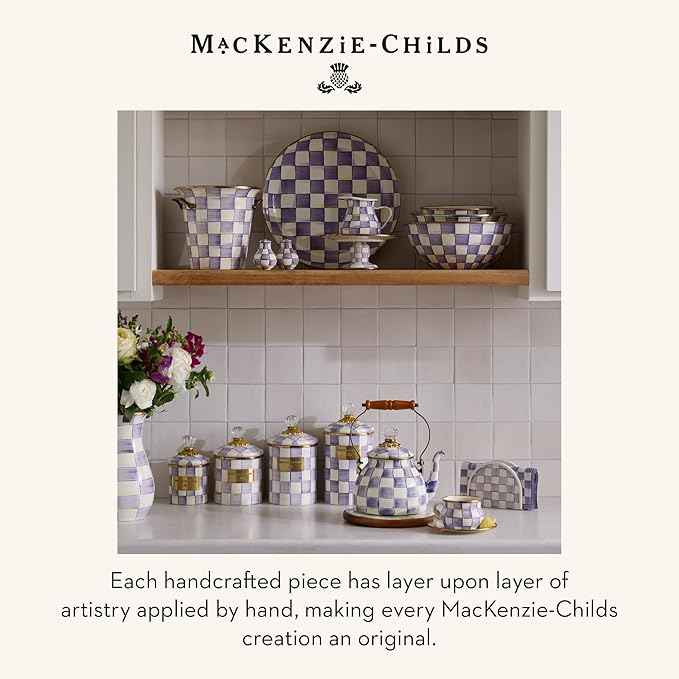 MACKENZIE-CHILDS Enamel Compote, Pedestal Serving Dish or Decorative Bowl, Large, Purple-and-White Violet Check