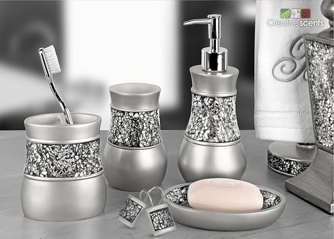 Creative Scents Crackled Glass Shower Curtain Hooks Decorative Set of 12 Silver Shower Curtain Rings for Bathroom Shower Rod - Elegant Crackled Glass Silver Bathroom Accessories