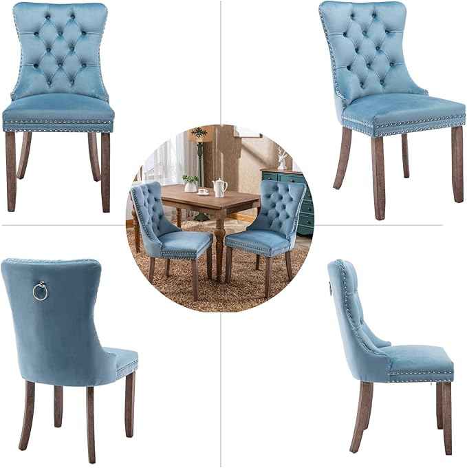 Upholstered Dining Chairs Set of 2, Velvet Dining Room Chairs with Back Ring Pull Trim and Solid Wood Legs, Tufted Wingback Kitchen Chair Perfect for Dining Room,Living Room,Kitchen(Light Blue)
