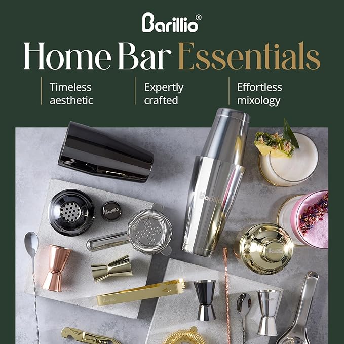 Barillio Gold Bartender Kit - Stainless-Steel Cocktail Shaker Set w/Bamboo Stand - Mixology Bar Tools w/Drink Shaker, Mixer Spoon and Muddler for Cocktails - Home Bar Accessories - 23-Pc Bar Set