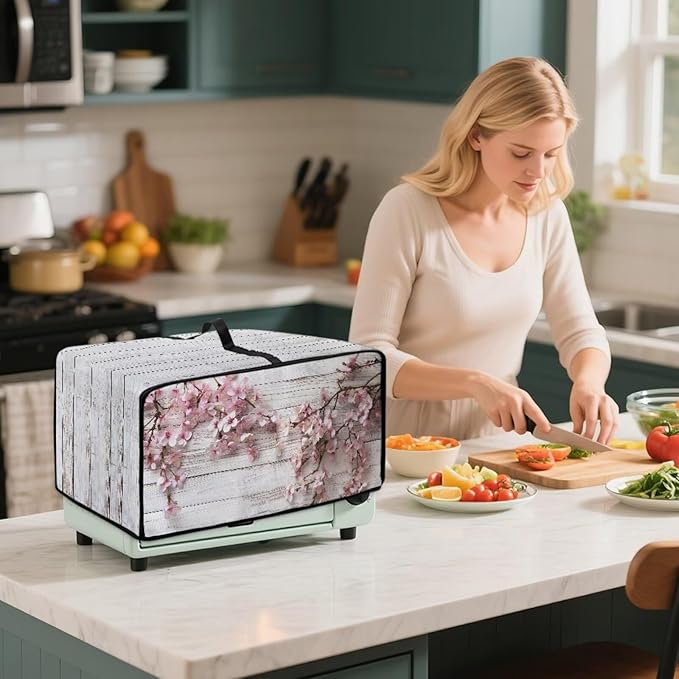 Air Fryer Toaster Oven Dust Cover Countertop Microwave Dust Cover Protector, Compatible with Convection Oven, M, 16.5 x 20.5 x 10 inches, Peach Blossom White Wood Grain