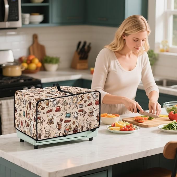 Toaster Oven Dust Cover Small Kitchen Appliance Cover for Countertop Convection Ovens,Small Appliances, L, 18.5 x 22.5 x 13 inches, Coffee Chocolate Print Beige
