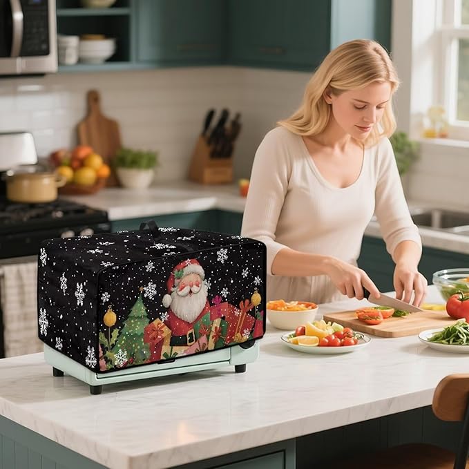 Toaster Oven Cover Dust-Proof Countertop Convection Oven Cover Protective Smart Microwave Oven Accessories and Decor, M, Santa Claus Snowflake Black Christmas Decor