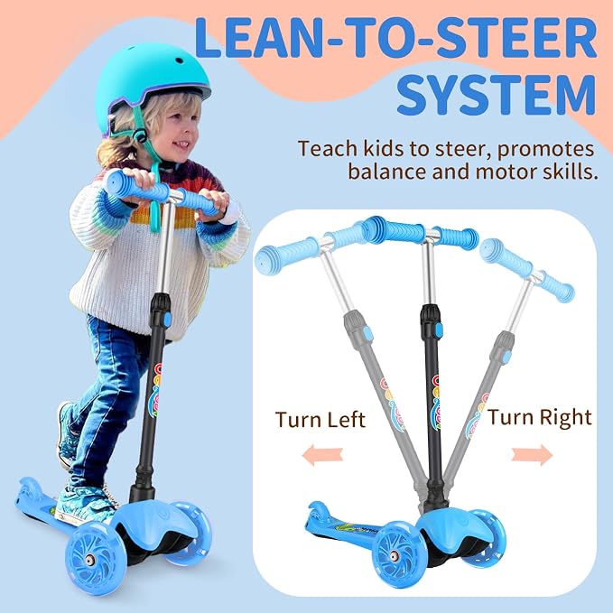 BELEEV A1 Scooter for Kids Ages 2-6, 3 Wheel Kick Scooter for Toddlers Girls Boys, Light up Wheels, Adjustable Height, Lean to Steer, Non-Slip Deck, Lightweight Push Scooter for Children