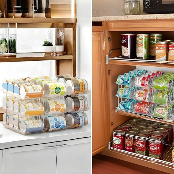 Attelite Can Organizer for Pantry, 3 Sets 4 Tiers Can Storage Organizer Pantry,Soda Can Organizer for Fridge 48 Cans Rack Automatic Rolling Stackable Canned Food Organizer,Clear