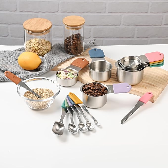 Magnetic Measuring Cups and Spoons Set 14, Stainless Steel Measuring Cups and Spoons Set for Dry & Liquid, Heavy Duty Metric Measuring cups & Spoons with Leveler for Baking & Cooking, Color