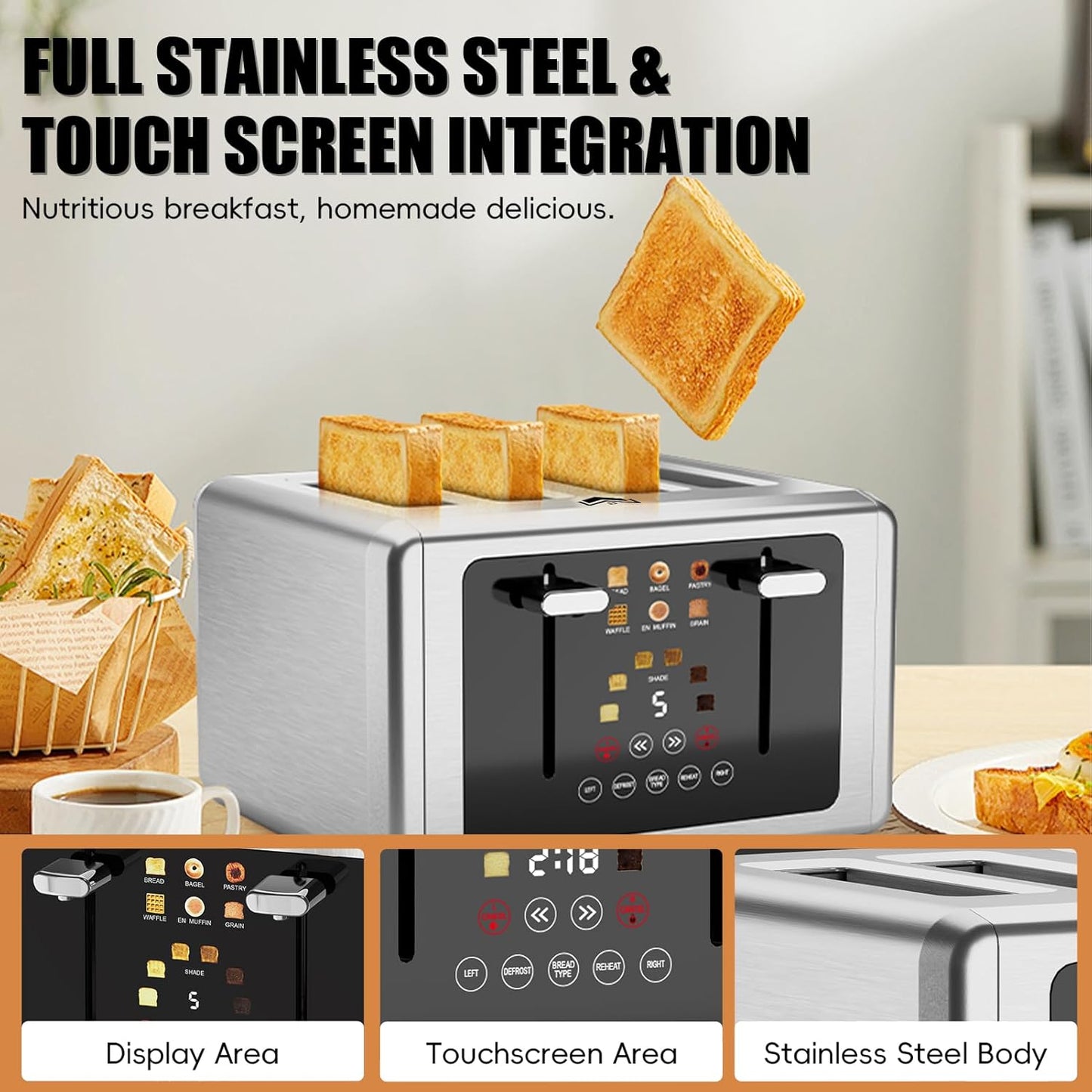 4 Slice Toaster, Touchscreen & Dual Independent Control Panel,5 Basic Functions & Digital Countdown Toasters, 6 Shade Settings&6 Bread Types, Smart Bread Maker Mute/Screen-Off,Platinum