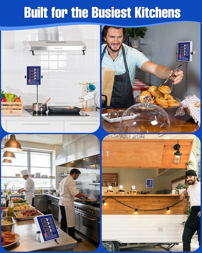 Commercial Kitchen Timers for Cooking, 4-Channel Timer for Commercial Kitchens, Heavy-Duty Loud Alarm Timer for Restaurants, Stainless Steel, LED Technology