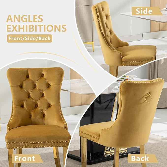 Gold Velvet Dining Chairs Set of 2, Kitchen & Dining Room Chairs, Tufted Upholstered Dining Room Chair, Back Ring Pull Trim, Golden Stainless Steel Legs, Gold