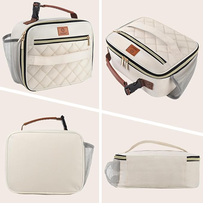 Genteen Lunch Box for Women Adults Girls - Insulated LunchBox Reusable, Zip Closure & Buckle Handle, Portable Cooler for Work, School, Travel (White)