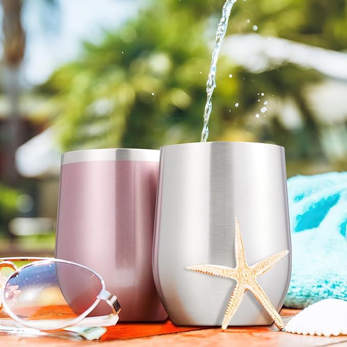 COMOOO 12oz Insulated Wine tumbler with Lid, Stainless Steel Stemless Wine Tumbler Glass,Double Wall Vacuum Wine Tumbler Cups with Straw Coffee, Cocktails,Beer,Champaign Silver, 8 Pack