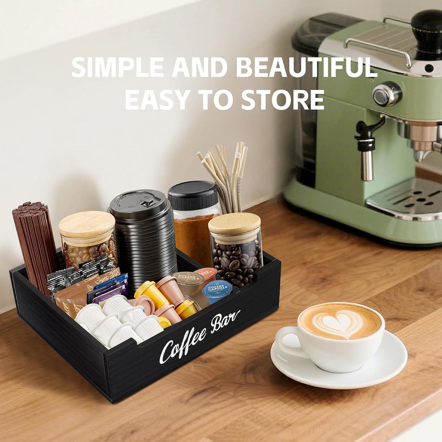 Coffee Pod Bar Station Wooden 14" X 10" X 4" Organizer Box for Countertop, Counter Top Tea Espresso Cup Wood Storage Box, Black