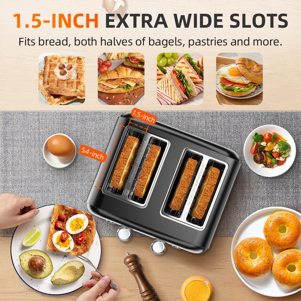 Black Toaster 4 Slice, Dual Independent Controls, Extra Wide Slot Toasters for Bagel, Bread, Waffles, 7 Shade Settings, 4 Main Functions, Removable Crumb Tray, 1500 Watts, Black Stainless Steel
