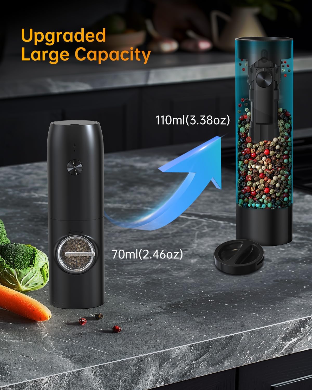 CIRCLE JOY Rechargeable Electric Salt and Pepper Grinder Set with Base, Automatic Pepper Mill Grinders with 110ml Container, Adjustable Coarseness and White LED Light, Black