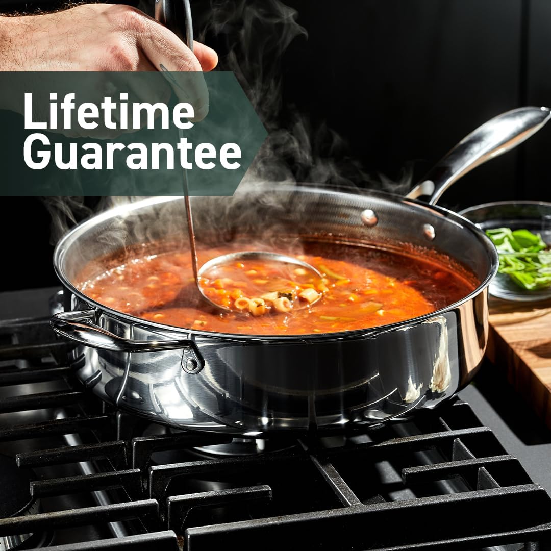 HexClad Hybrid Nonstick 5.5-Quart Deep Sauté Pan with Tempered Glass Lid, Stay-Cool Handle, Dishwasher-Friendly, Oven-Safe Up to 900°F, Induction Ready, Compatible with All Cooktops