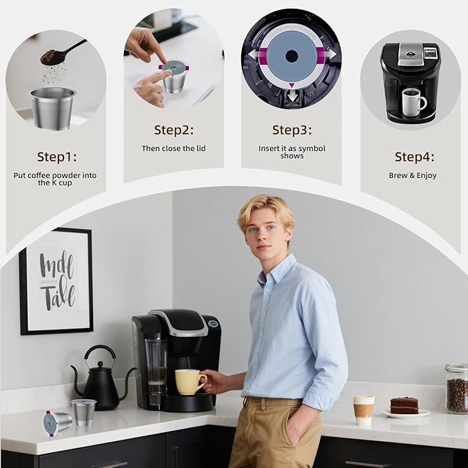 4 Pack Reusable K Cup Coffee Filters, Stainless Steel Refillable K Cup Coffee Pods for Keurig 1.0 and 2.0 Coffee Makers