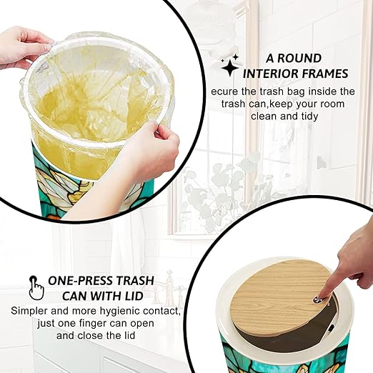 Trash Can with Lid Teal Fantasy Glass Art Flower Fairy Sunset Flowers Press Top Round Small Garbage Bin with Wooden Legs Waste Basket for Kitchen Bedroom Nursery 7L/1.8 Gallon