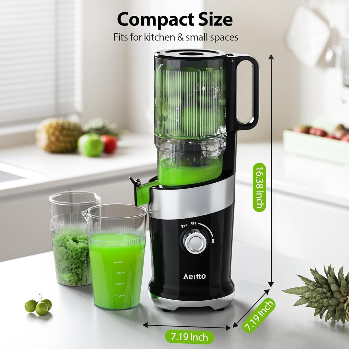 Aeitto Cold Press Juicer, Juicer Machines with 4.9" Large Feed Chute, Fits Whole Vegetables and Fruits, Professional Juice Maker, Easy to Clean, High Juice Yield, Easy to Assemble,Black