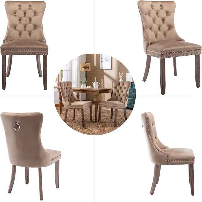 Upholstered Dining Chairs Set of 4, Velvet Dining Room Chairs with Back Ring Pull Trim and Solid Wood Legs, Tufted Wingback Kitchen Chair Perfect for Dining Room,Living Room,Kitchen(Khaki)