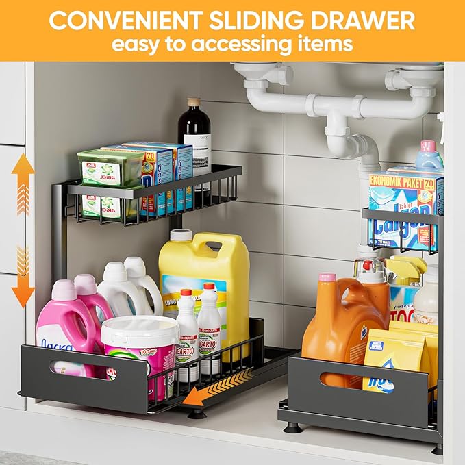 Saydear Under Sink Organizer Storage 2-Tier Premium Metal Pull-Out Kitchen Cabinet Organizer with Sliding Drawer, Height Adjustable, Heavy Duty for Kitchen & Bathroom Organizers 1 Pack Black