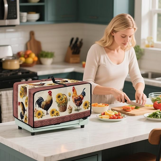 Air Fryer Toaster Oven Dust Cover Washable Convection Oven Cover Farmhouse Kitchen Appliance Protector Decorations Countertop Accessories, L, Rooster Chicken Eggs Sunflower