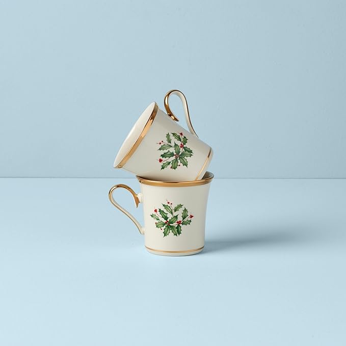 Lenox Coffee Mugs, Hosting The Holidays 2-Piece Holly 14 Oz Mug Set, Ivory Porcelain, Dishwasher and Microwave Safe, Christmas Holly Drinkware Set, Christmas Decorations (White/Green, 14 Oz, 2 Pieces)