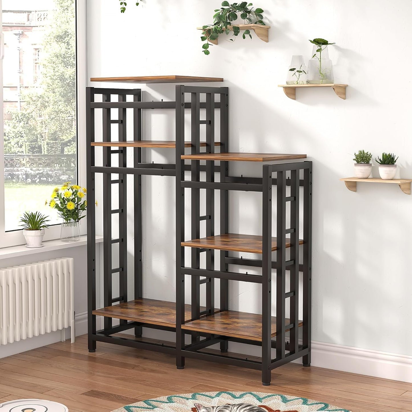 BRIGHTSHOW Kitchen Storage Shelf Bakers Rack, 6-Tier Coffee Bar Table, Kitchen Microwave & Mini Fridge Stand Shelves for Spices, Pots and Pans (52 x 40 x 17.5inch) (Brown no Wheels)