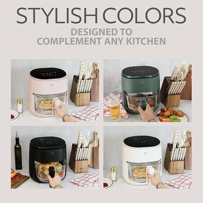 WILLOW Eco Series 6 in 1 Air Fryer with Glass Basket, 5 Quart Non Toxic Air Fryer w Digital Display, 430°F Max Temp, Preheat & Keep Warm Function, Compact + Dishwasher Safe Glass Pink Airfryer